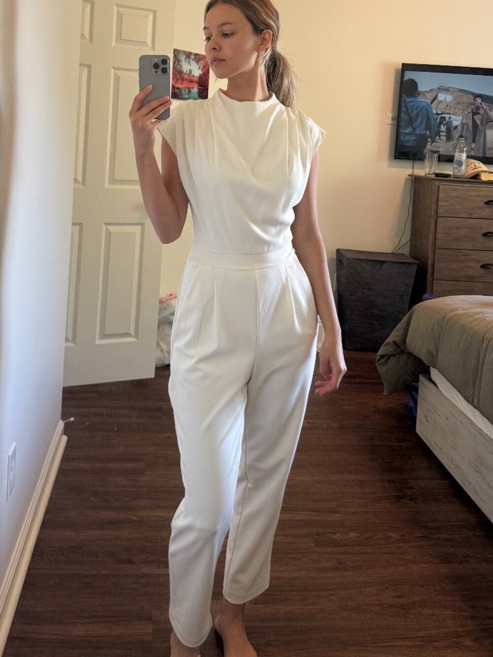 Express Mock Neck Cap Sleeve Draped Jumpsuit Timeless Workwear (Small)